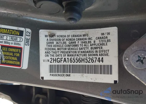 2006 Honda Civic Lx из США, поврежденный, VIN 2HGFA16556H526744